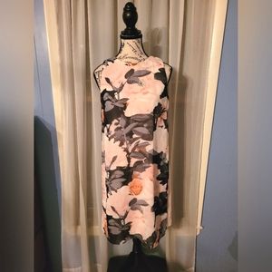 Light Pink Fitted Dress Floral Chiffon Tunic Overlay